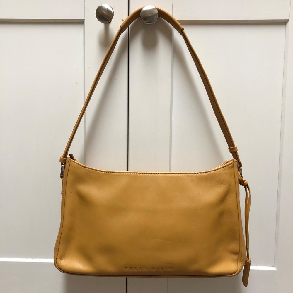 Perry Ellis Mustard Yellow Leather Shoulder Purse Vintage Y2K Baguette Bag